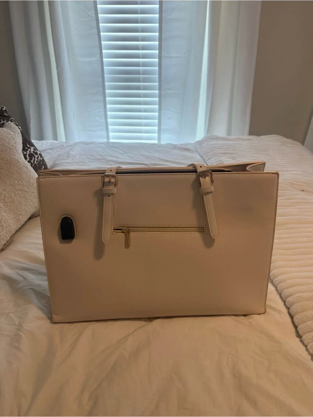 Structured Cream Laptop Tote Bag with Adjustable Straps